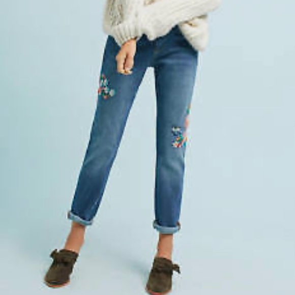 Pilcro Denim - Anthropologie Pilcro Floral Embroidery Mid Rise Straight Leg Boyfriend Jeans